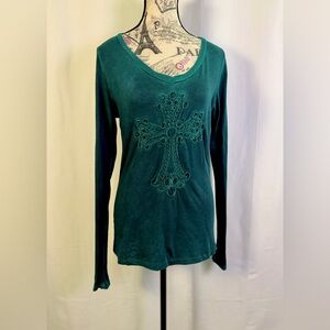 Velvet Stone Vintage Inspired Green Gothic Style Embroidered Cross w/ beading| M